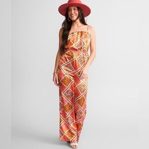 NWT willow & root Patchworks Satin Jumpsuit w/ Back Tie Wide Leg Flowy Beachy